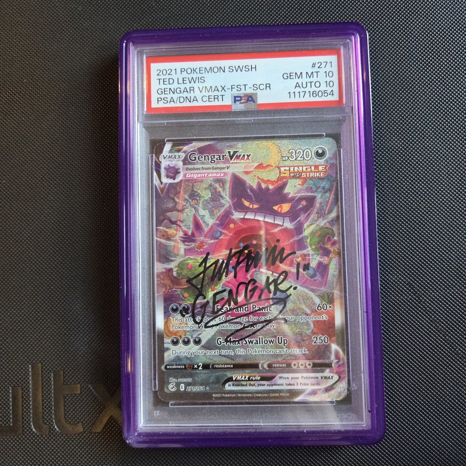 Pokemon Card – Gengar VMAX 271/264 Alt Art Fusion Strike Ted Lewis AUTO PSA 10